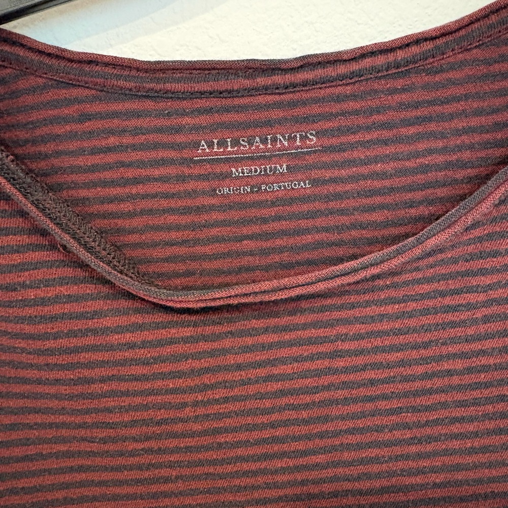 AllSaints Women’s Red and Black Striped Shirt Sleeve Cotton Tee